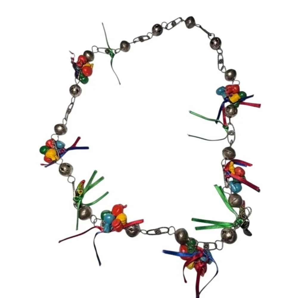 Vintage Hand Painted Ceramic Toucan Bird Bell Ribbon Necklace Multicolor Boho